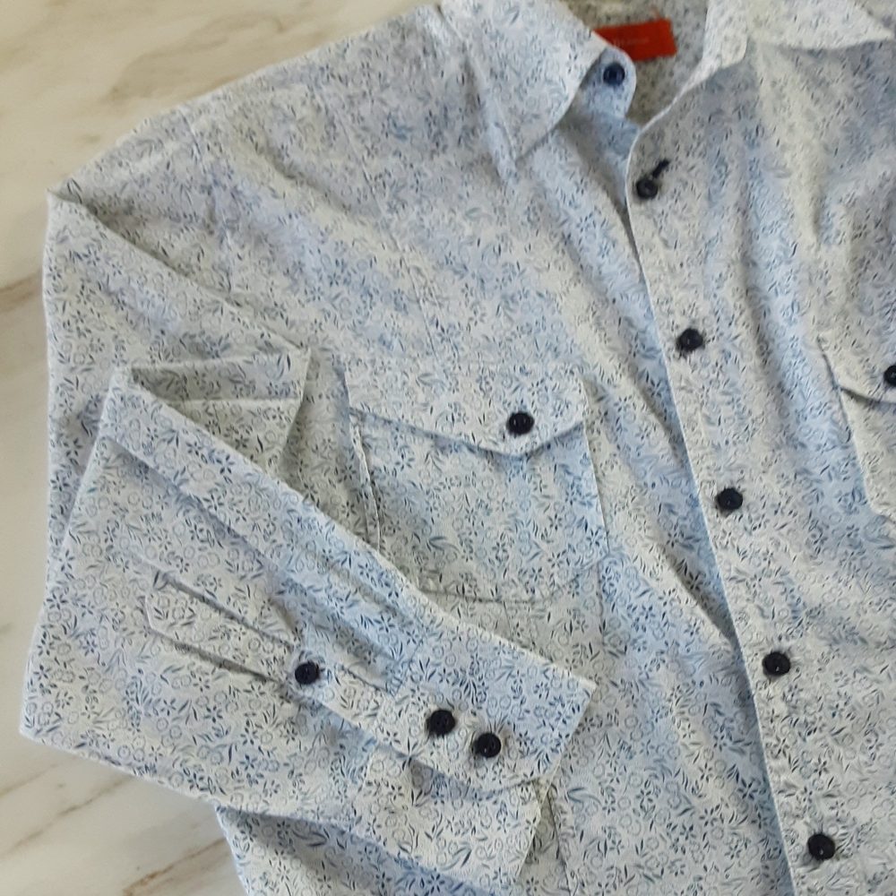 HERE BE DRAGONS 100% Cotton Blue White Block Print Western Shirt Sz L - Retro